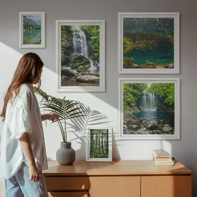 Conjunto de 5 quadros decorativos com paisagens de cachoeiras e florestas