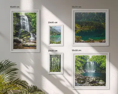 Conjunto de 5 quadros decorativos com paisagens de cachoeiras e florestas