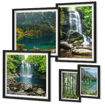 Conjunto de 5 quadros decorativos Cachoeiras, paisagens florestais, natureza
