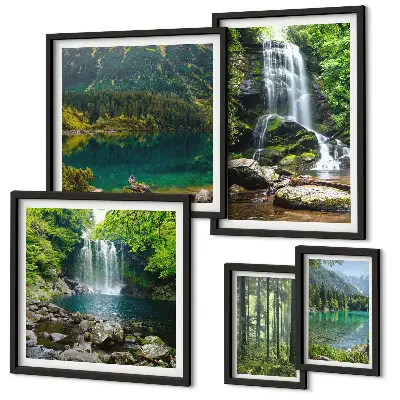 Conjunto de 5 quadros decorativos com paisagens de cachoeiras e florestas