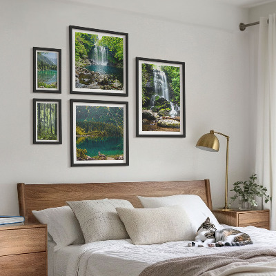 Conjunto de 5 quadros decorativos Cachoeiras, paisagens florestais, natureza