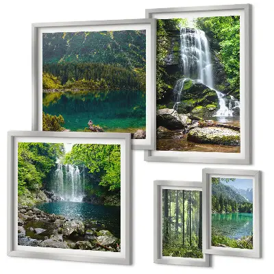 Conjunto de 5 quadros decorativos com paisagens de cachoeiras e florestas