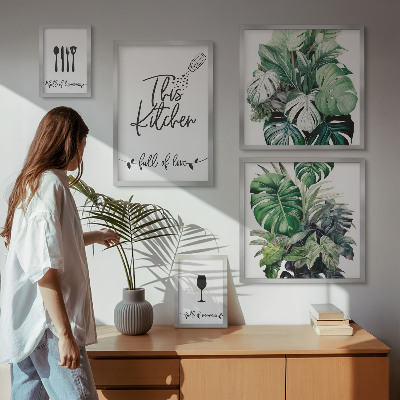 Parede galeria de quadros slogans positivos sobre plantas de cozinha
