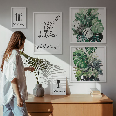 Parede galeria de quadros slogans positivos sobre plantas de cozinha