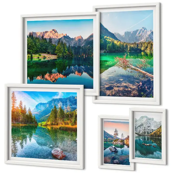 Conjunto de 5 quadros com moldura com paisagens de montanhas, lagos e florestas