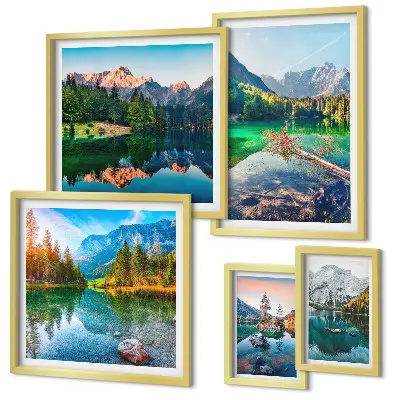 Conjunto de 5 quadros com moldura com paisagens de montanhas, lagos e florestas