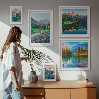 Conjunto de 5 quadros com moldura com paisagens de montanhas, lagos e florestas