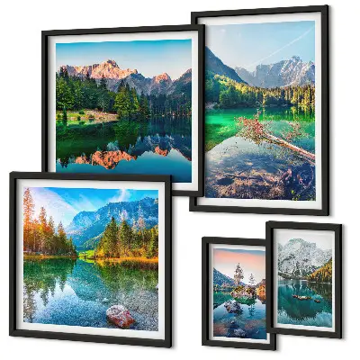 Conjunto de 5 quadros com moldura com paisagens de montanhas, lagos e florestas