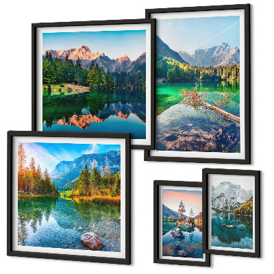 Conjunto de 5 quadros com moldura Paisagens montanhosas, lagos, florestas
