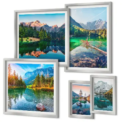 Conjunto de 5 quadros com moldura com paisagens de montanhas, lagos e florestas