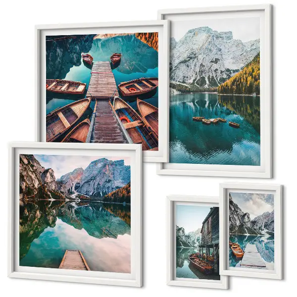 Conjunto de 5 quadros decorativos com imagem de barcos de madeira em lagos de montanha