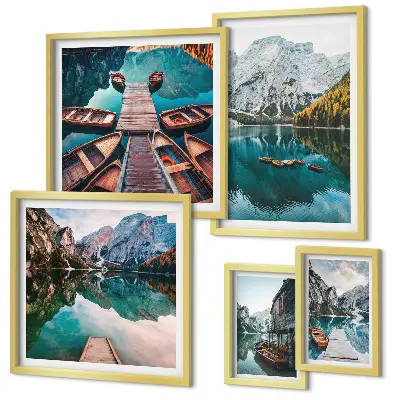 Conjunto de 5 quadros decorativos com imagem de barcos de madeira em lagos de montanha