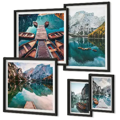 Conjunto de 5 quadros decorativos com imagem de barcos de madeira em lagos de montanha