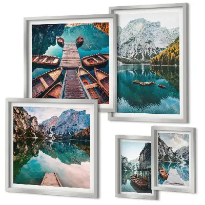 Conjunto de 5 quadros decorativos com imagem de barcos de madeira em lagos de montanha