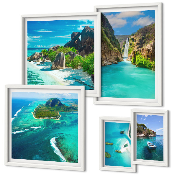 Conjunto de 5 quadros decorativos Cachoeiras e praias tropicais
