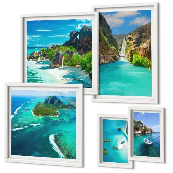 Conjunto de 5 quadros decorativos com temática de cachoeiras e praias tropicais