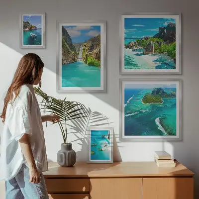 Conjunto de 5 quadros decorativos com temática de cachoeiras e praias tropicais