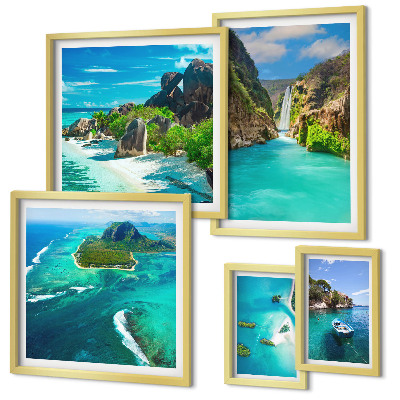 Conjunto de 5 quadros decorativos Cachoeiras e praias tropicais