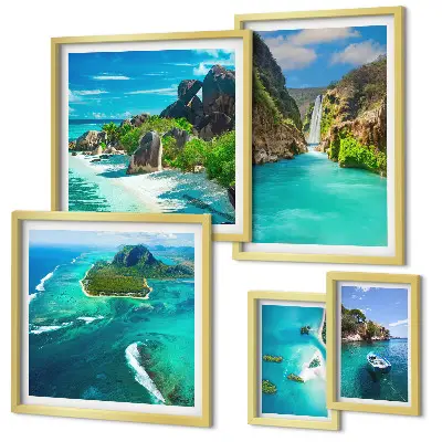 Conjunto de 5 quadros decorativos com temática de cachoeiras e praias tropicais