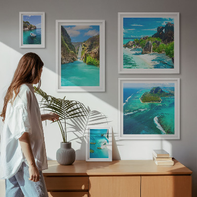 Conjunto de 5 quadros decorativos Cachoeiras e praias tropicais