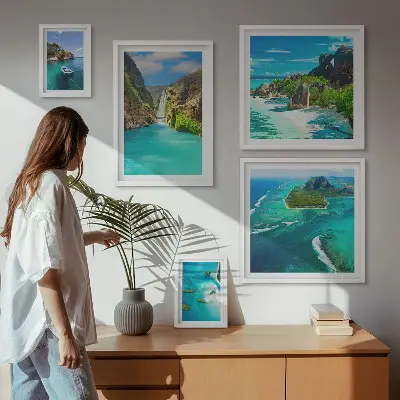 Conjunto de 5 quadros decorativos com temática de cachoeiras e praias tropicais