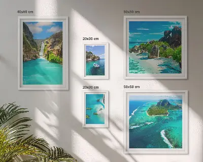 Conjunto de 5 quadros decorativos com temática de cachoeiras e praias tropicais