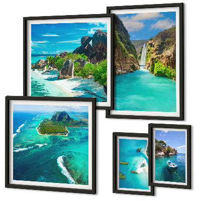 Conjunto de 5 quadros decorativos Cachoeiras e praias tropicais