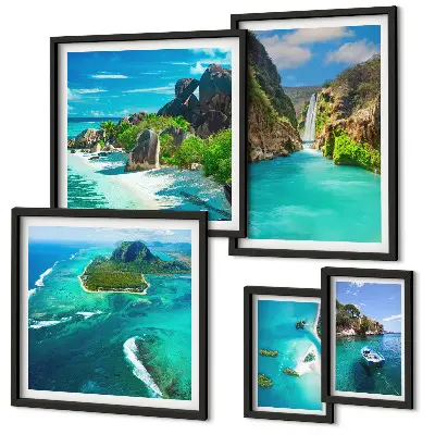 Conjunto de 5 quadros decorativos com temática de cachoeiras e praias tropicais