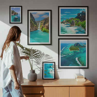 Conjunto de 5 quadros decorativos Cachoeiras e praias tropicais