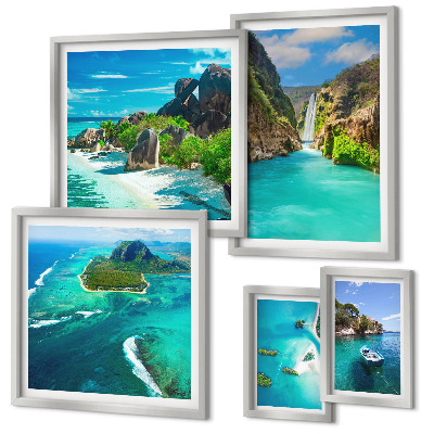 Conjunto de 5 quadros decorativos Cachoeiras e praias tropicais