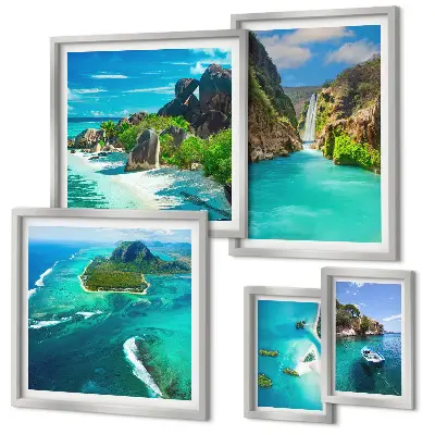 Conjunto de 5 quadros decorativos com temática de cachoeiras e praias tropicais