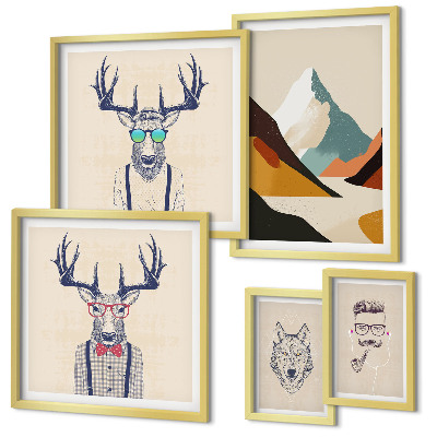 Conjunto de 5 quadros com moldura Retratos de animais estilosos
