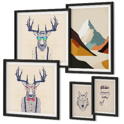 Conjunto de 5 quadros com moldura Retratos de animais estilosos