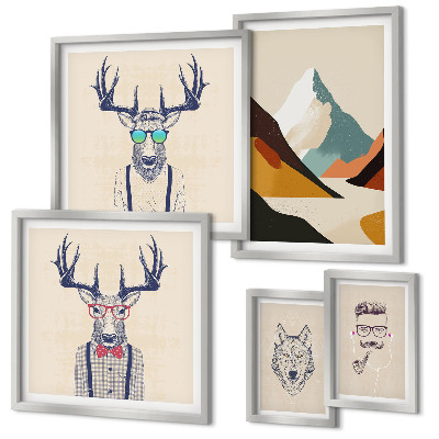 Conjunto de 5 quadros com moldura Retratos de animais estilosos