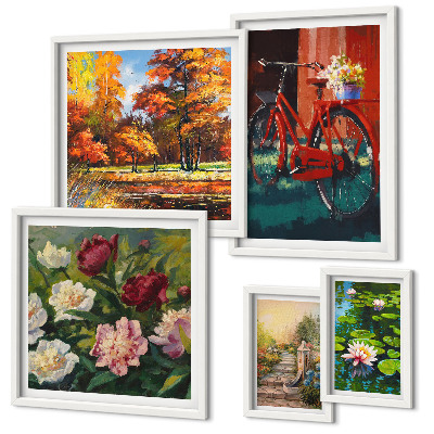 Conjunto de 5 quadros decorativos Bicicletas floridas pitorescas