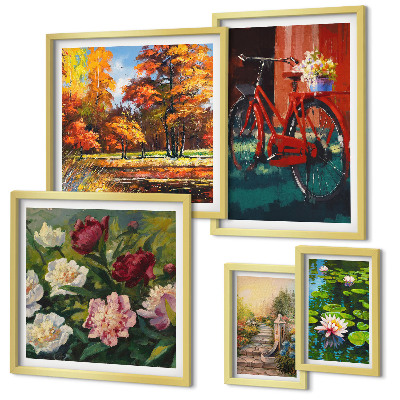 Conjunto de 5 quadros decorativos Bicicletas floridas pitorescas