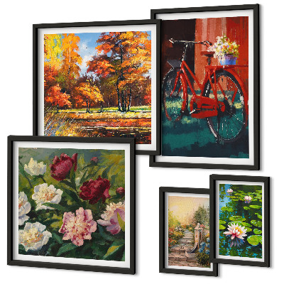 Conjunto de 5 quadros decorativos Bicicletas floridas pitorescas