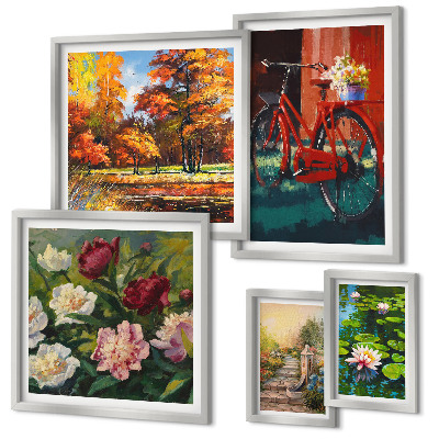 Conjunto de 5 quadros decorativos Bicicletas floridas pitorescas