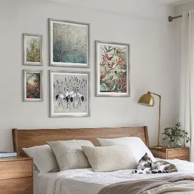 Conjunto de 5 quadros com moldura estampa de pássaros tropicais vintage