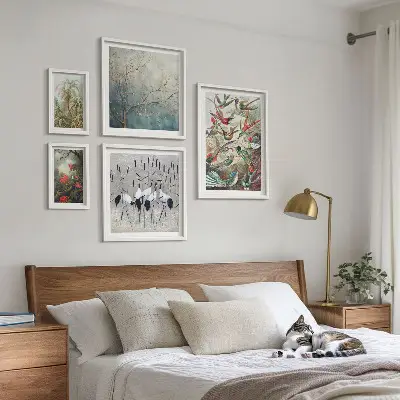 Conjunto de 5 quadros com moldura estampa de pássaros tropicais vintage