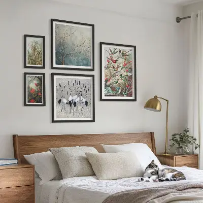 Conjunto de 5 quadros com moldura estampa de pássaros tropicais vintage