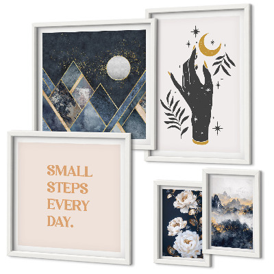 Parede galeria de quadros Estilo boho com elementos da natureza e mensagens.