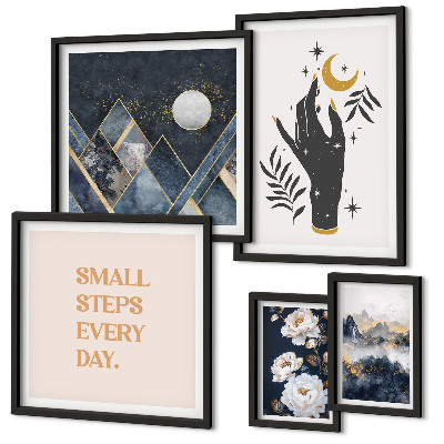 Parede galeria de quadros Estilo boho com elementos da natureza e mensagens.