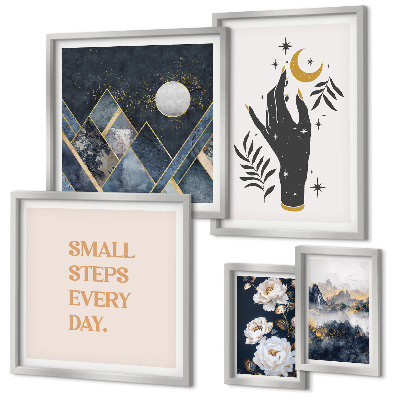 Parede galeria de quadros Estilo boho com elementos da natureza e mensagens.