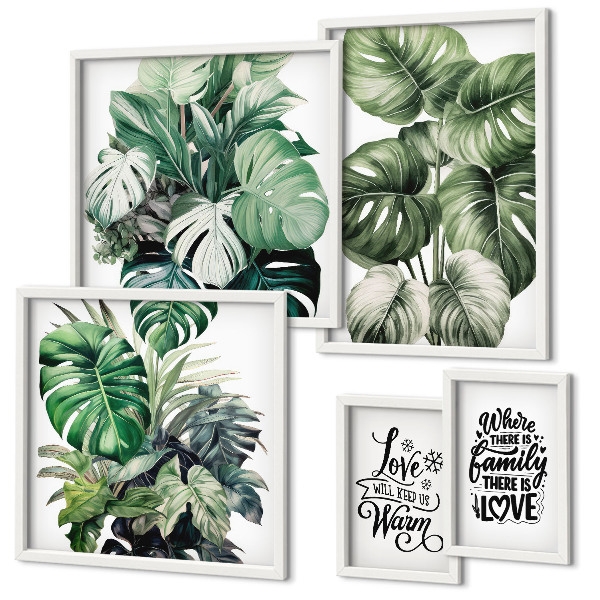 Conjunto de 5 quadros com moldura Frases boho com motivos de plantas