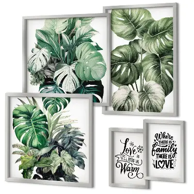 Conjunto de 5 quadros com moldura com frases estilo boho e motivos de plantas
