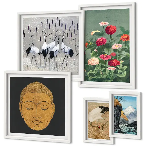 Conjunto de 5 quadros decorativos com estampas de paisagens e flores asiáticas