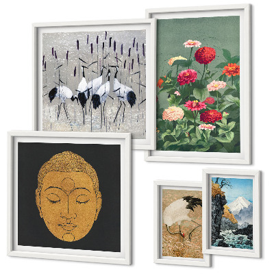 Conjunto de 5 quadros decorativos paisagens asiáticas flores