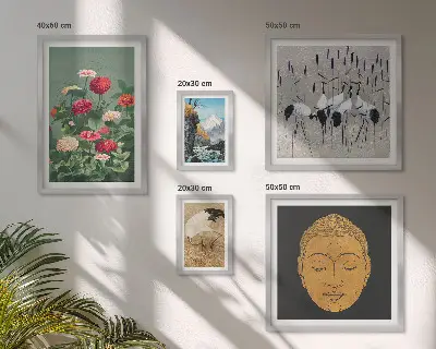 Conjunto de 5 quadros decorativos com estampas de paisagens e flores asiáticas