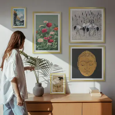 Conjunto de 5 quadros decorativos com estampas de paisagens e flores asiáticas